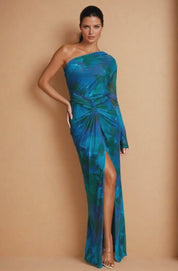 Teal Multi Print One Shoulder Maxi Dress
