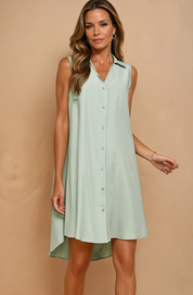 V Neck Collared Sleeveless Short Dress