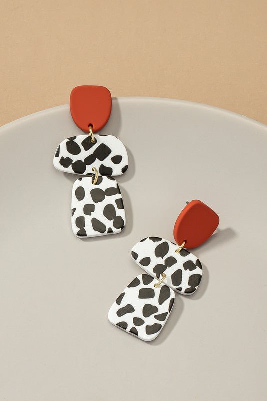 3 linked animal print geo drops earrings