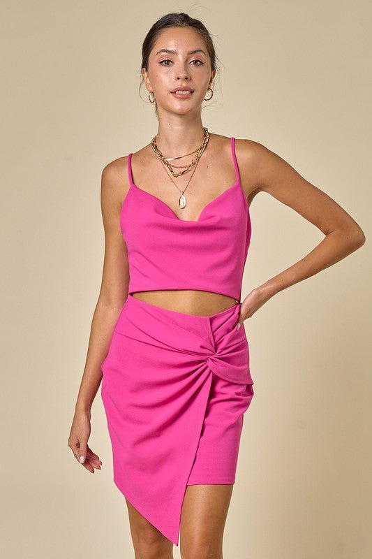COWL NECK TWISTED SKIRT DETAIL BODYCON DRESS