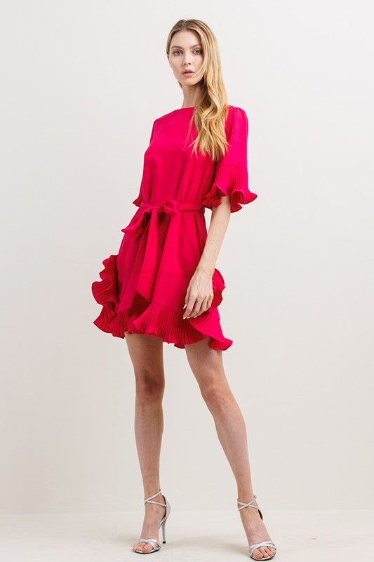 Fuschia Pleats Detail Mini Dress