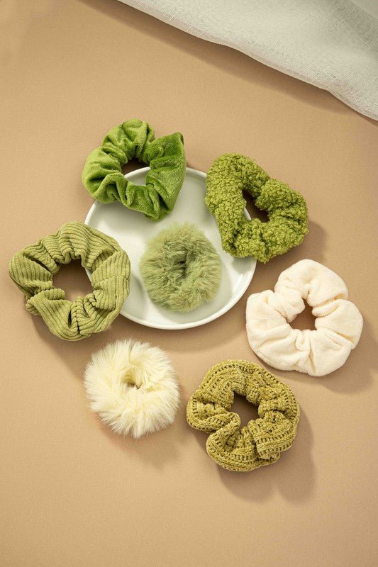 Green Set of 7 furry scrunchies