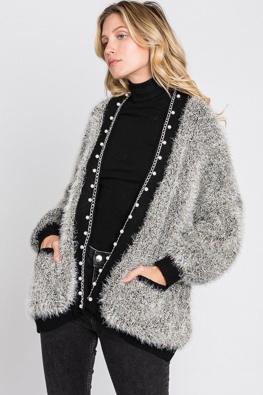 Grey Puff Sleeve Pearl Cardigan