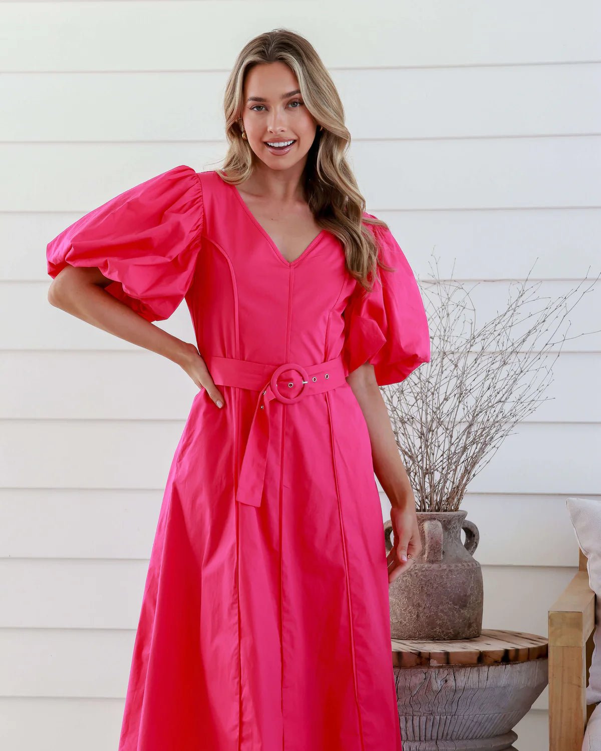 Watermelon V Neck Puff Sleeve Dress