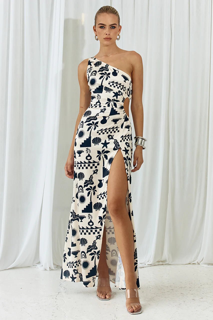 White & Black Print Nammos Maxi Dress