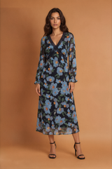 Blue Floral V neck Long Sleeve Dress