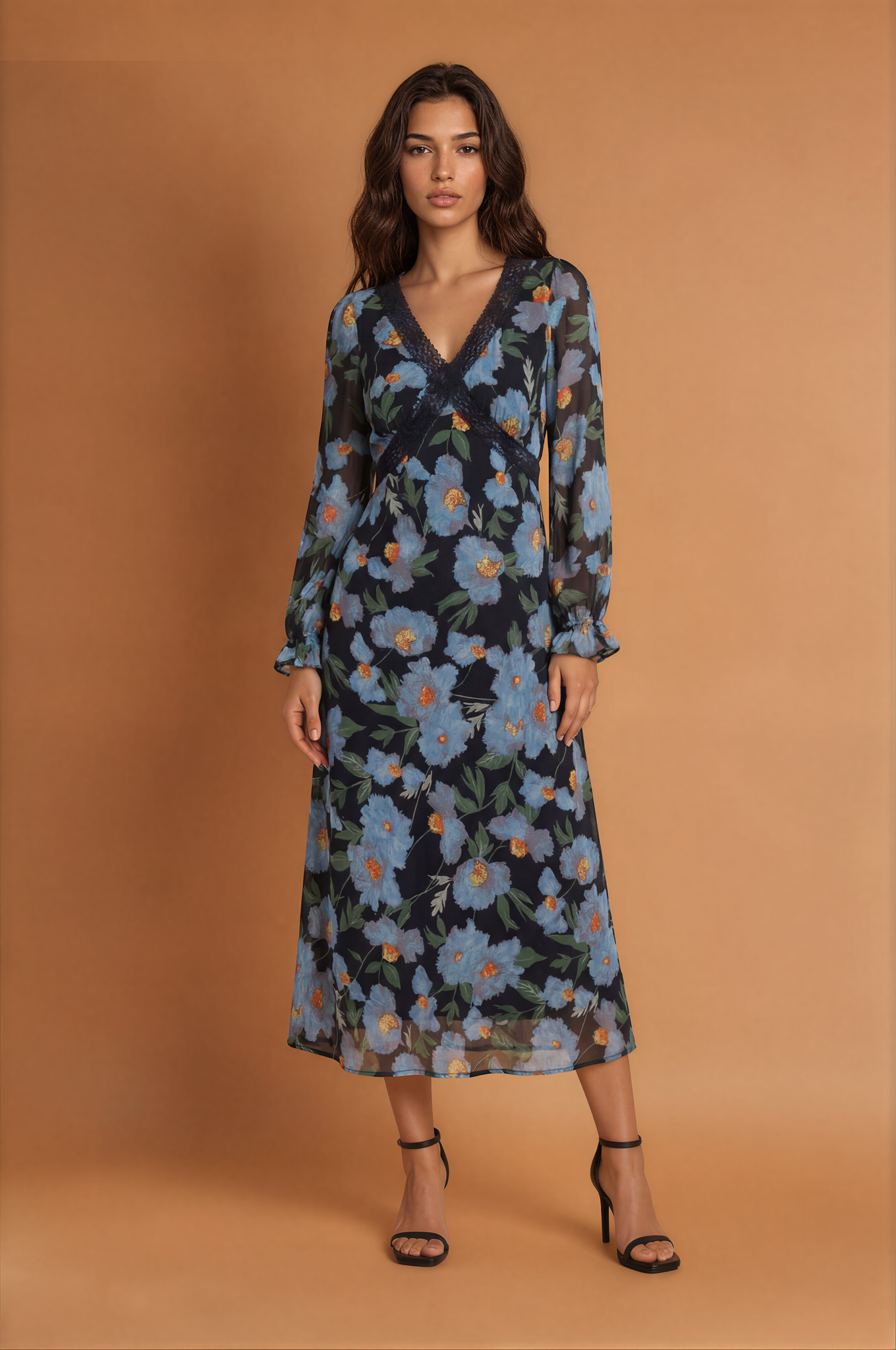 Blue Floral V neck Long Sleeve Dress