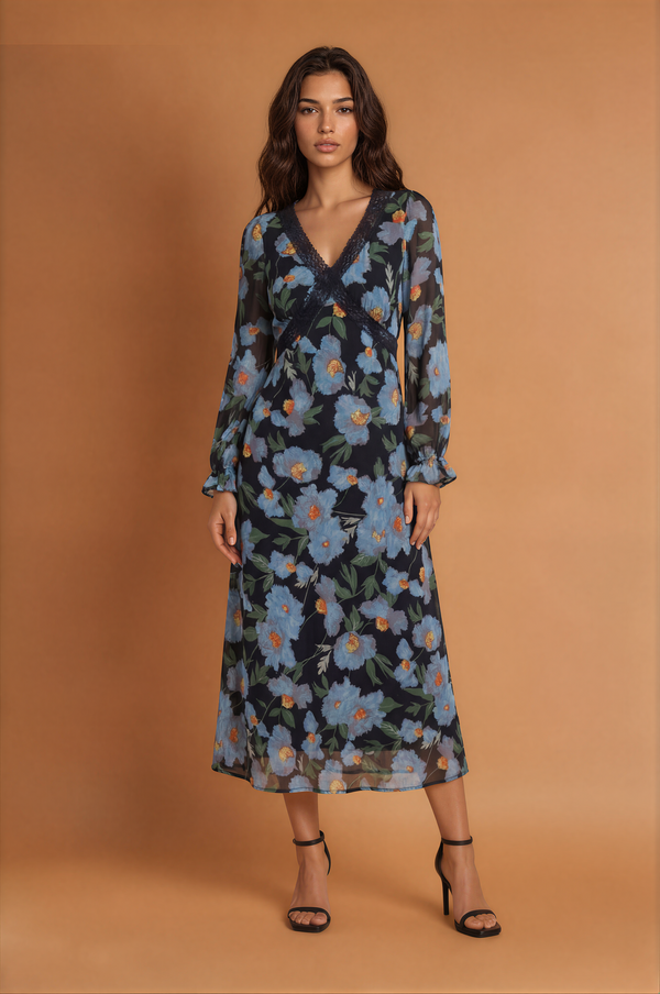 Blue Floral V neck Long Sleeve Dress