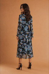 Blue Floral V neck Long Sleeve Dress