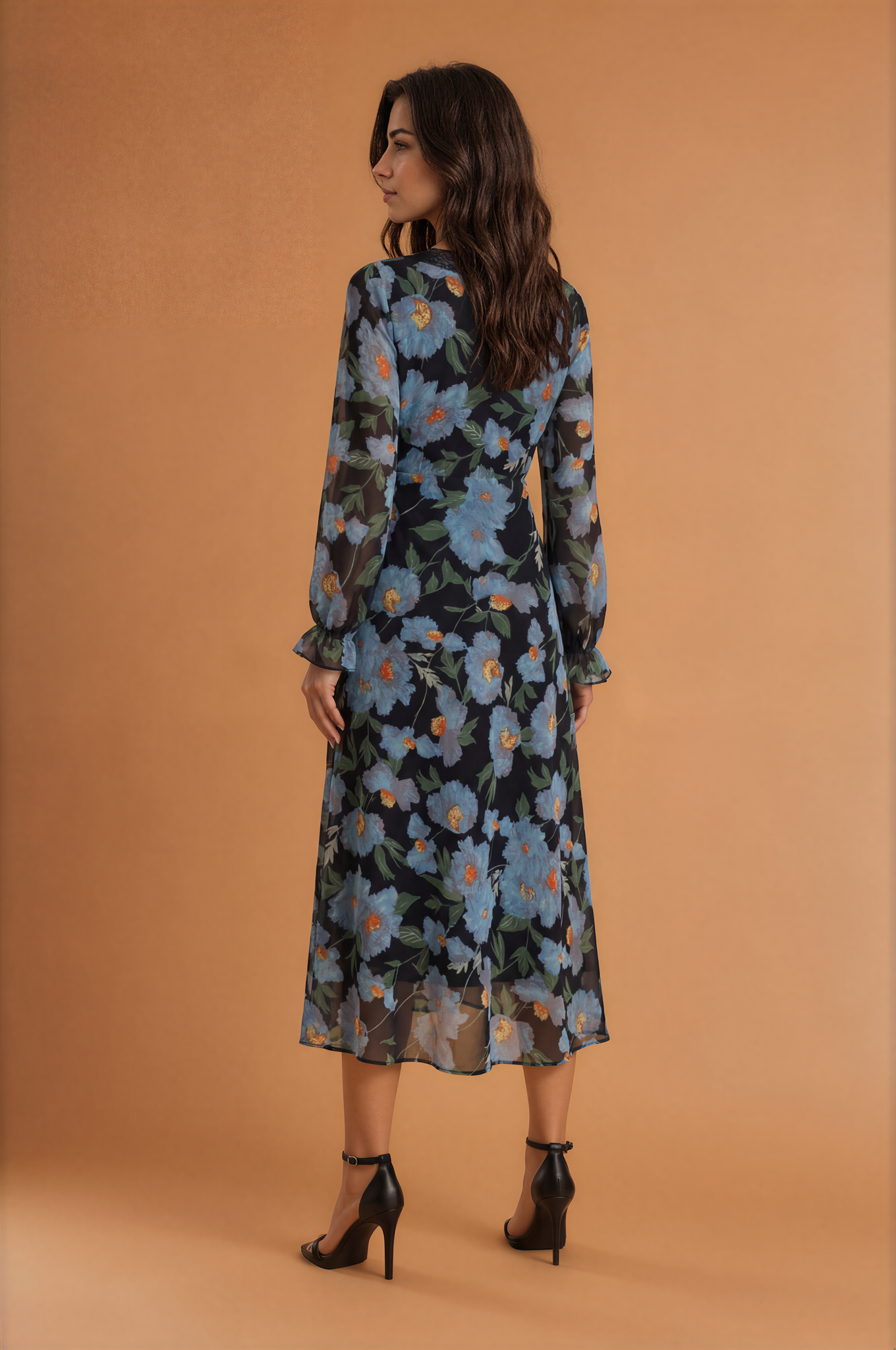 Blue Floral V neck Long Sleeve Dress