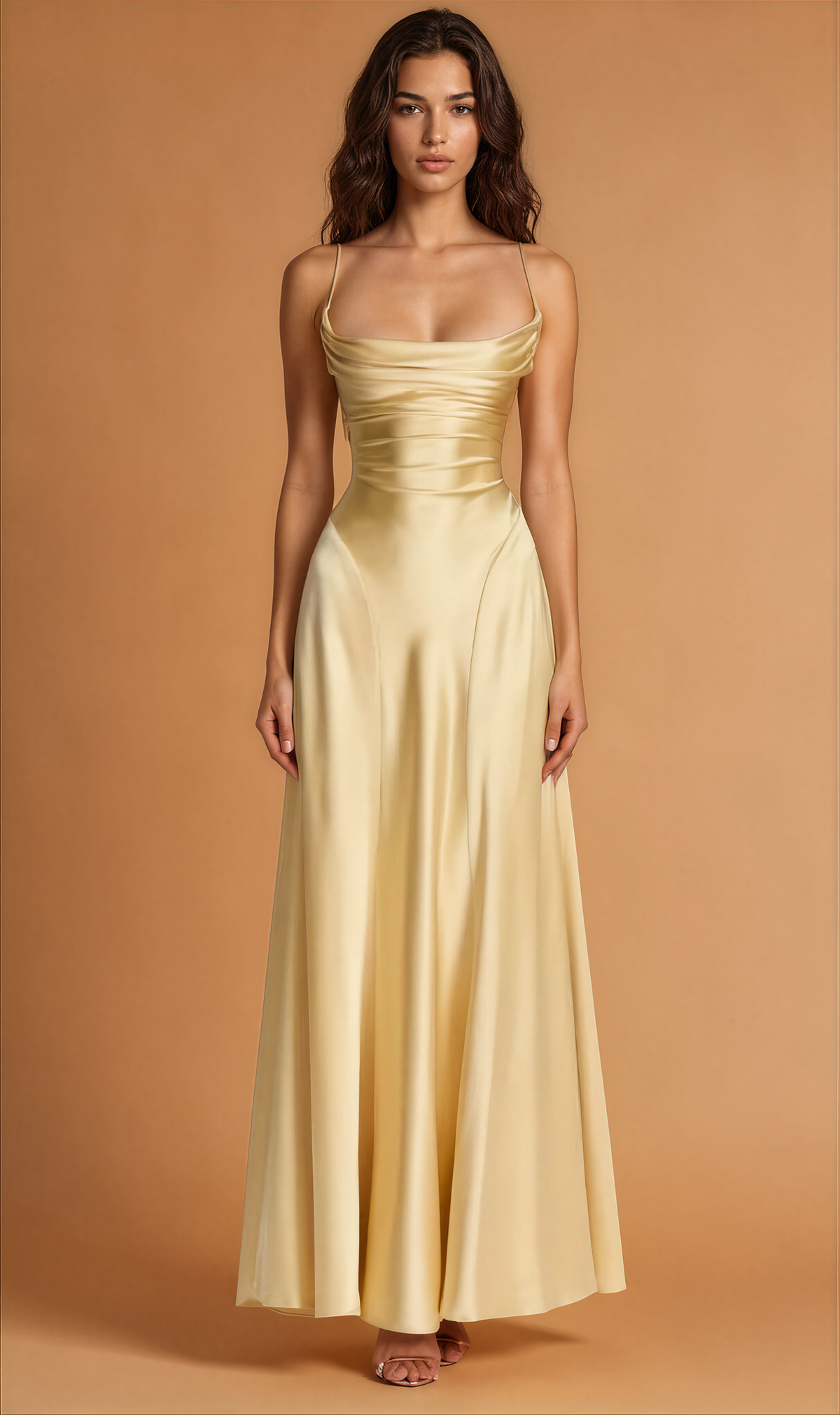 Butter Yellow Satin Cinched Waist Dress
