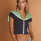 Colorblock Collared Slim Fit Short Knitted Top