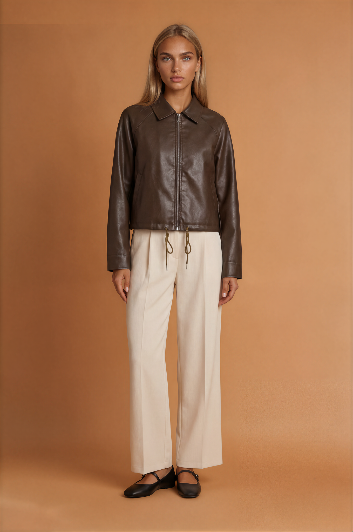 Retro Type Loose Short Drawstring Faux Leather Jacket