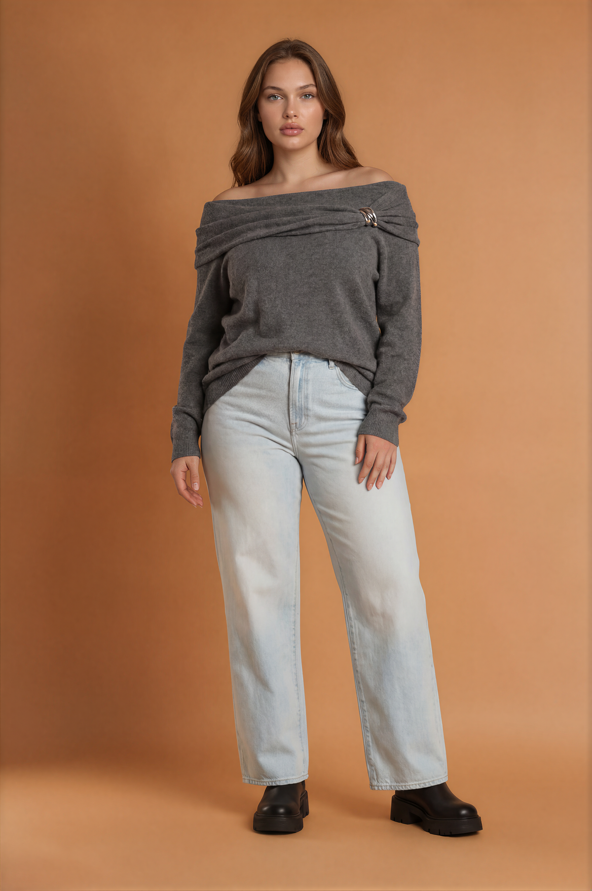 Sorh Grey Off Shoulder Sweater Top