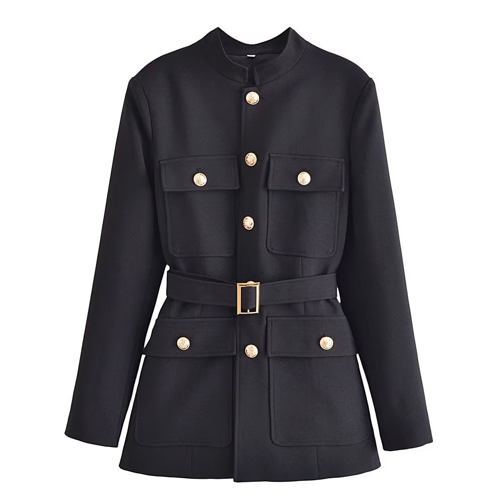 Fall Women Clothing with Belt Button Decoration Slim Fit Figure Flattering Blazer