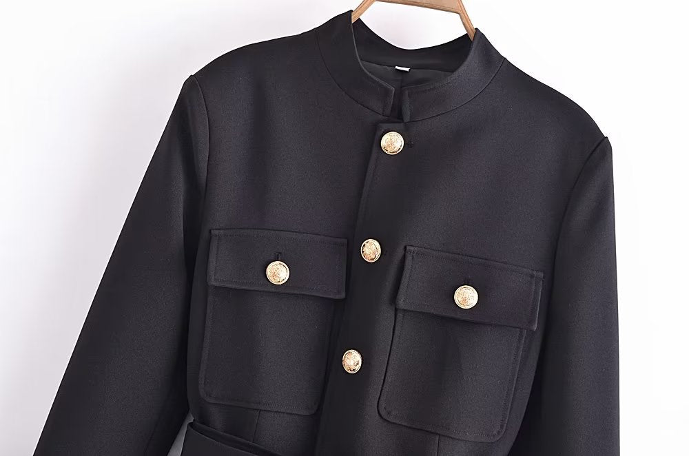Fall Women Clothing with Belt Button Decoration Slim Fit Figure Flattering Blazer