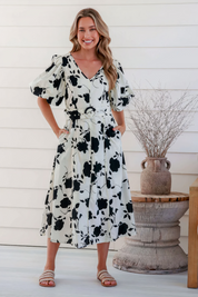 White & Black Floral V Neck Puffy Sleeve Dress