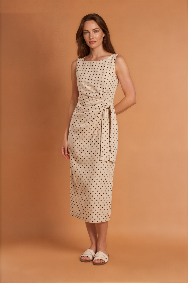 Polka Dot Pleated Waist Tight Midi Dress