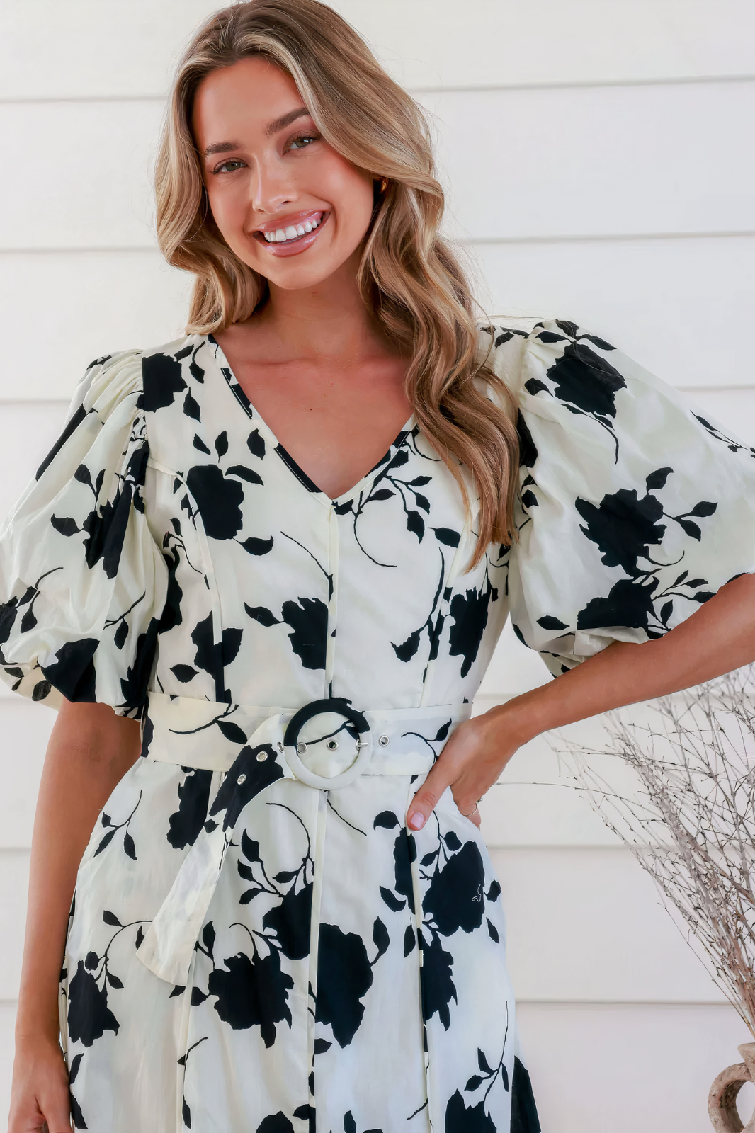 White & Black Floral V Neck Puffy Sleeve Dress