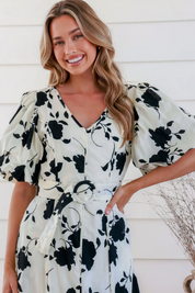 White & Black Floral V Neck Puffy Sleeve Dress