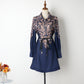 Lantern Sleeve Positioning Printed Single Breasted Lapel Lace Up Navy Blue Dress