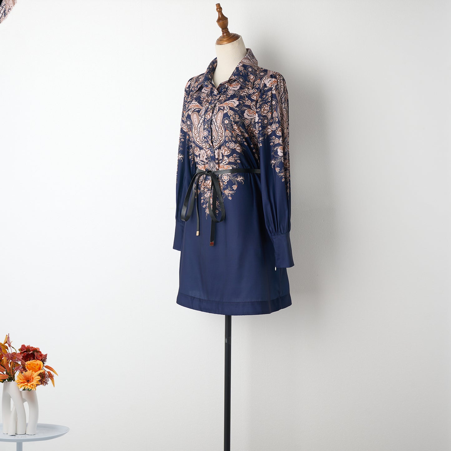 Lantern Sleeve Positioning Printed Single Breasted Lapel Lace Up Navy Blue Dress