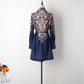 Lantern Sleeve Positioning Printed Single Breasted Lapel Lace Up Navy Blue Dress