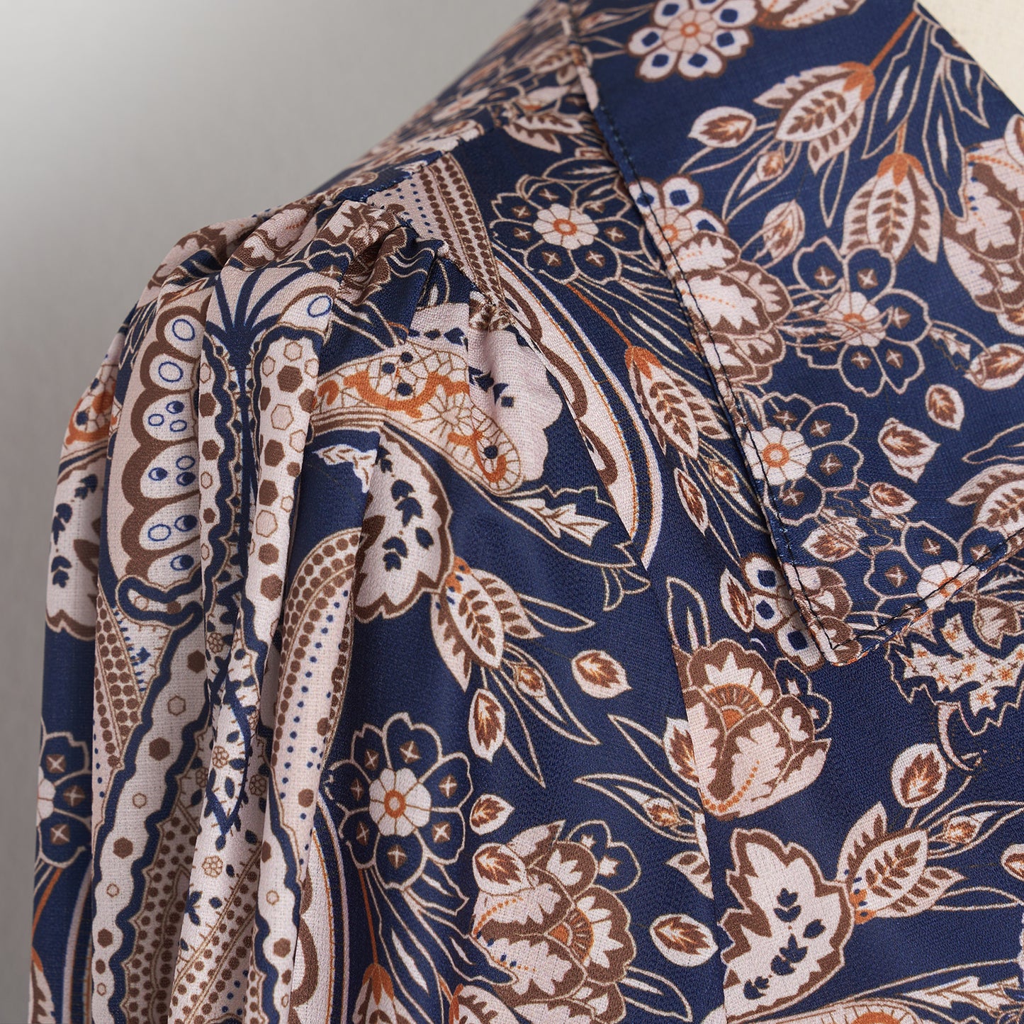 Lantern Sleeve Positioning Printed Single Breasted Lapel Lace Up Navy Blue Dress