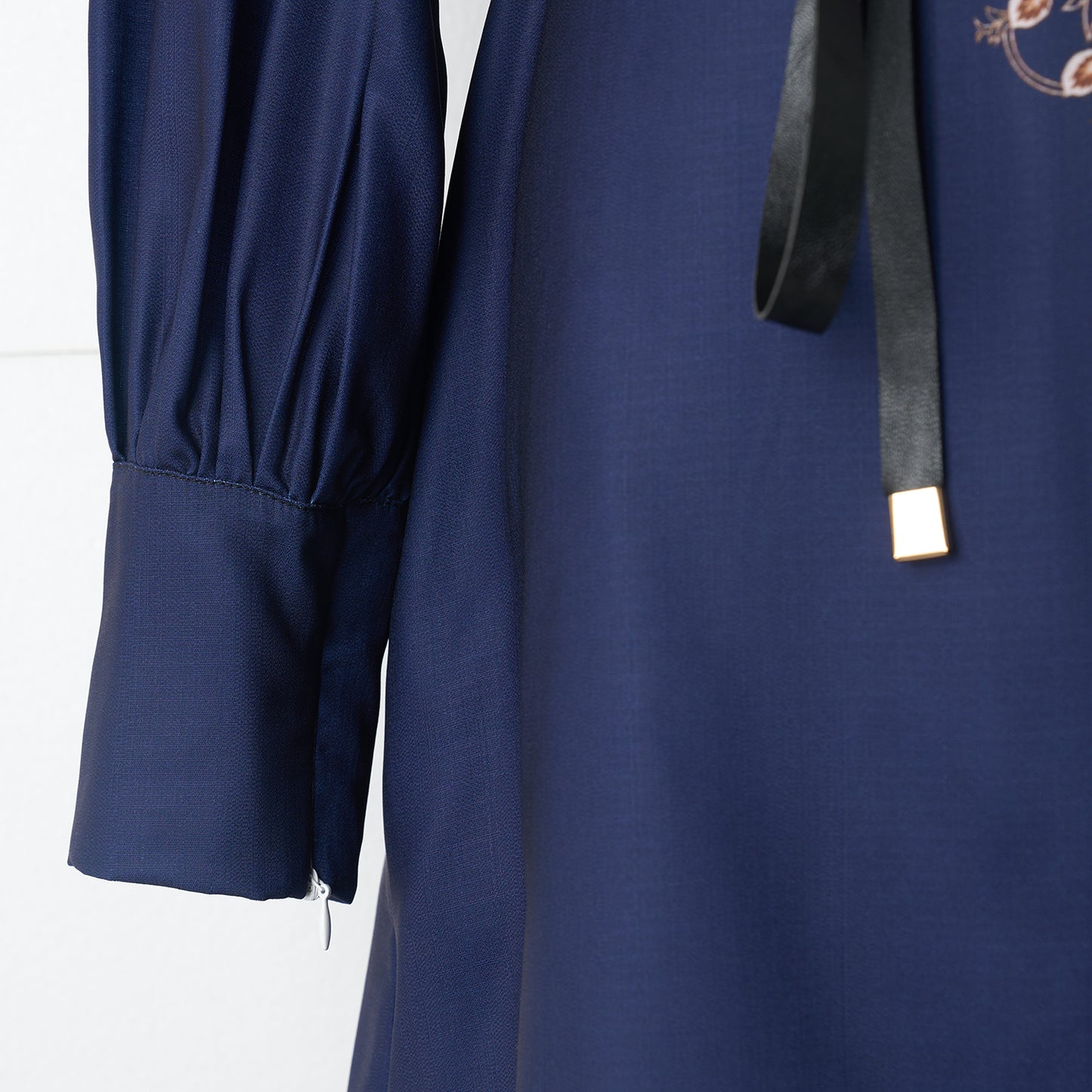 Lantern Sleeve Positioning Printed Single Breasted Lapel Lace Up Navy Blue Dress