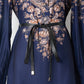 Lantern Sleeve Positioning Printed Single Breasted Lapel Lace Up Navy Blue Dress
