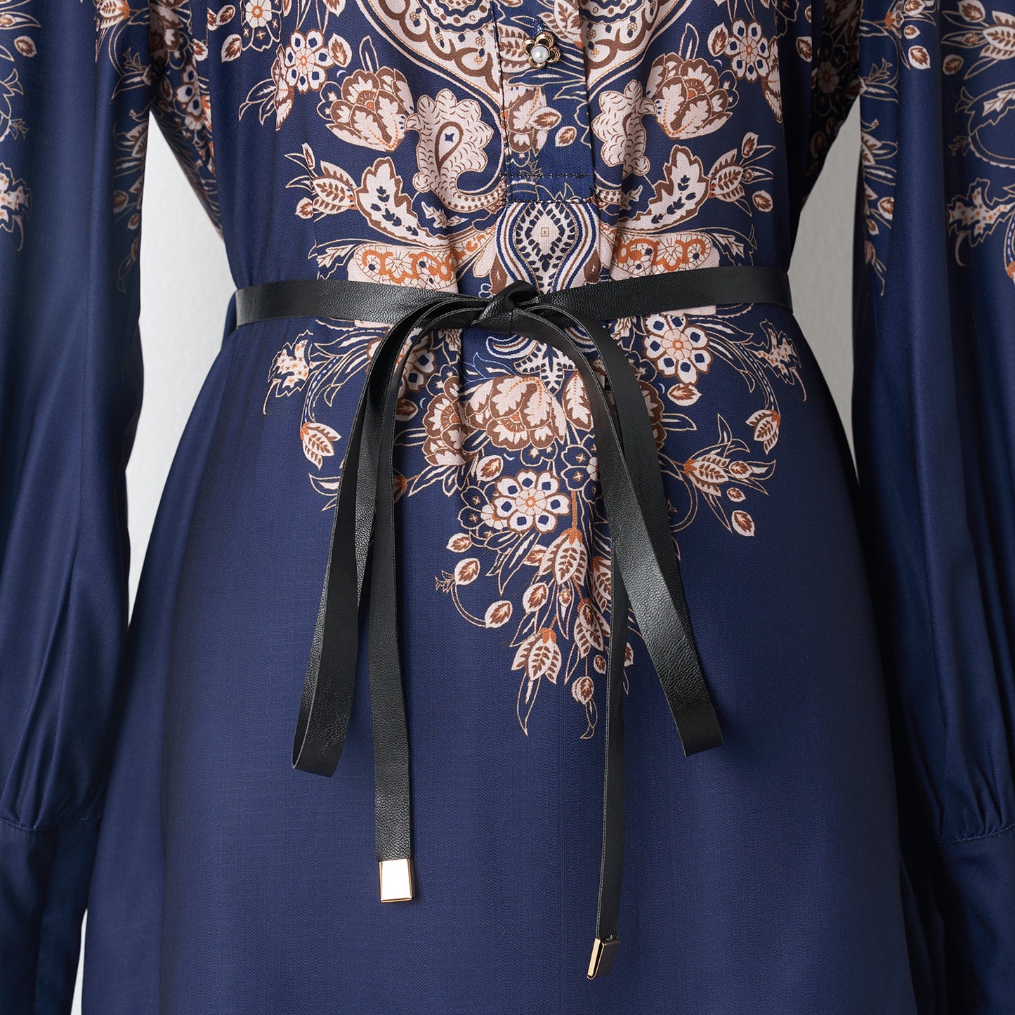 Lantern Sleeve Positioning Printed Single Breasted Lapel Lace Up Navy Blue Dress