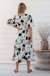 White & Black Floral V Neck Puffy Sleeve Dress