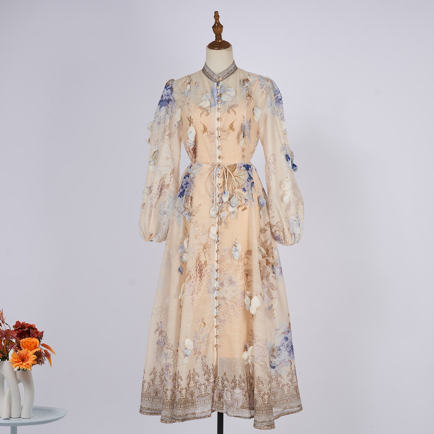 Women Spring And Autumn Long Sleeve Printed Buttons Dress