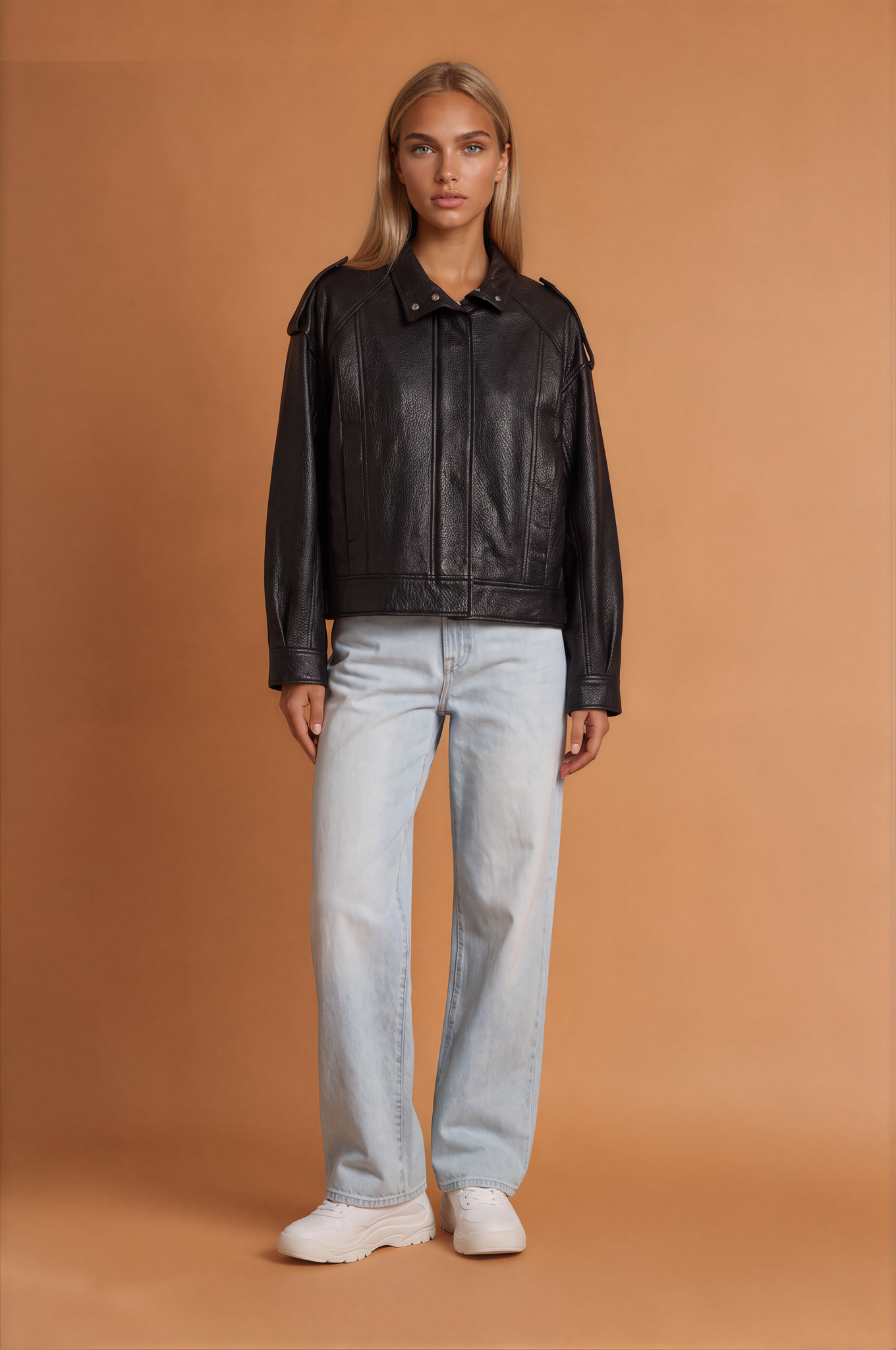 Textured Leather Zipper Bomber Jacket Jacket