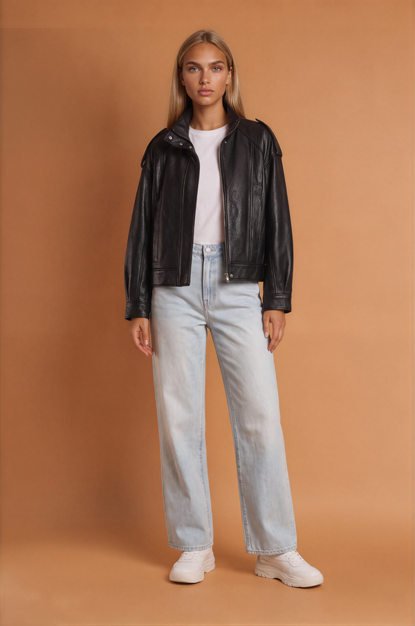 Textured Leather Zipper Bomber Jacket Jacket