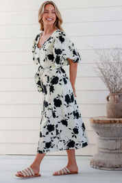 White & Black Floral V Neck Puffy Sleeve Dress
