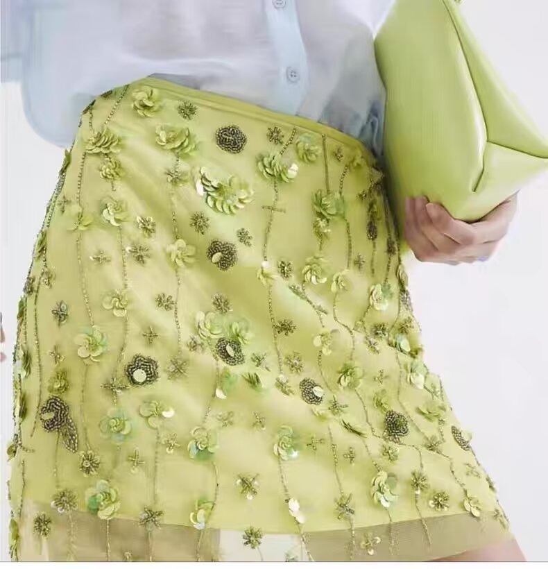 Summer High Waist Mesh Translucent String Beads Three Dimensional Floral Decoration Short Skirt