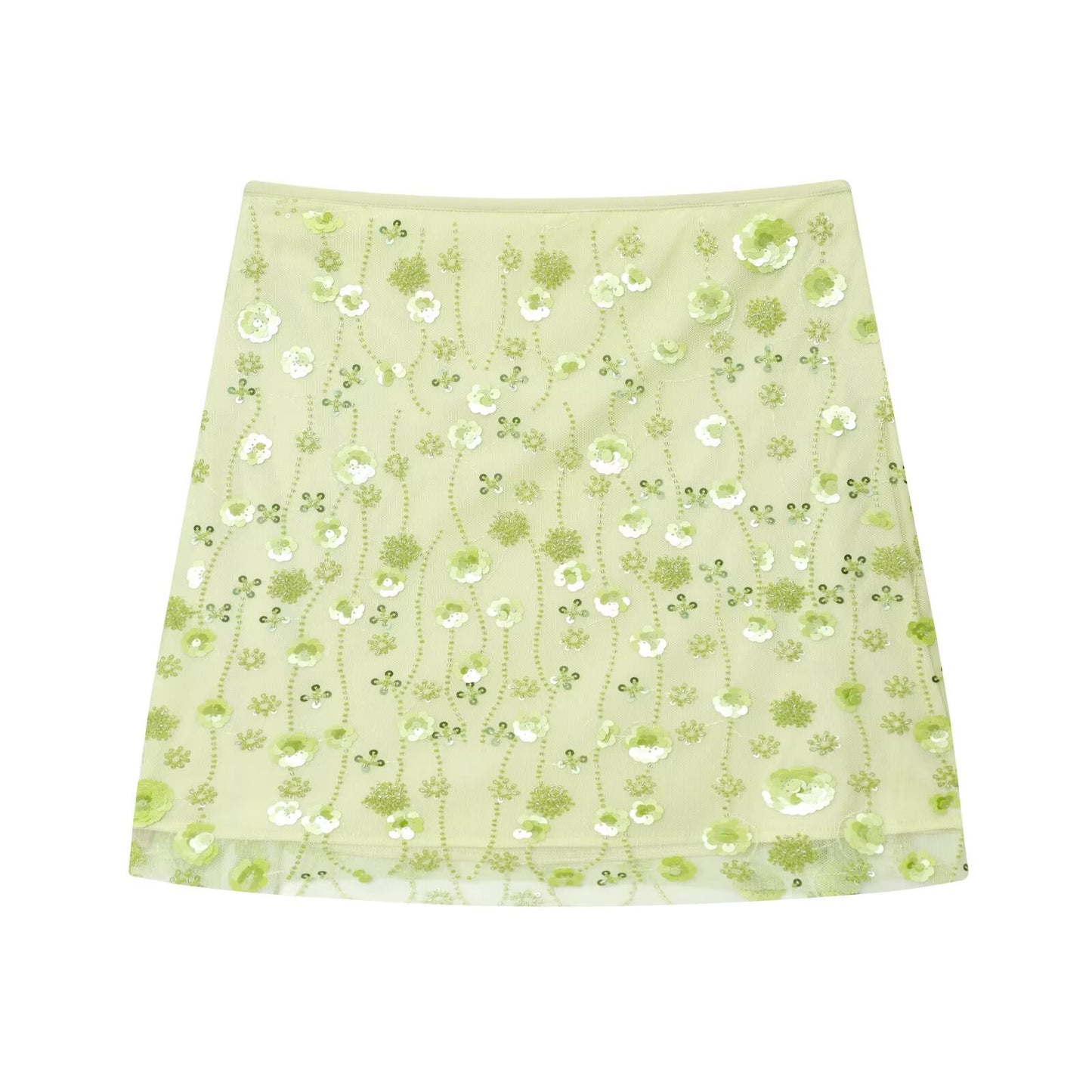 Summer High Waist Mesh Translucent String Beads Three Dimensional Floral Decoration Short Skirt