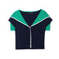 Colorblock Collared Slim Fit Short Knitted Top