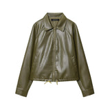 Retro Type Loose Short Drawstring Faux Leather Jacket