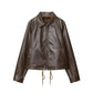 Retro Type Loose Short Drawstring Faux Leather Jacket