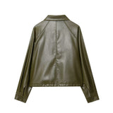 Retro Type Loose Short Drawstring Faux Leather Jacket