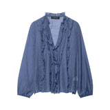 Frill V-Cut Long Sleeve Blouse