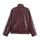 Women Elegant Long Sleeve Stand Collar Leather Jacket Coat