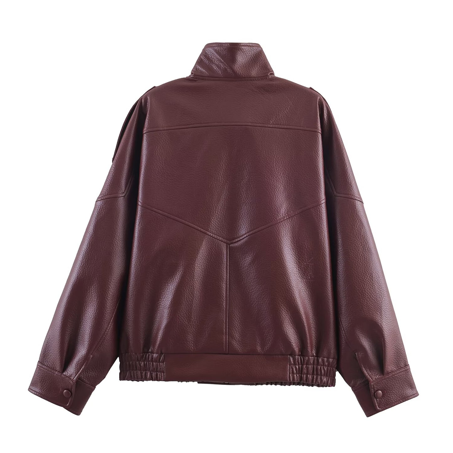 Women Elegant Long Sleeve Stand Collar Leather Jacket Coat