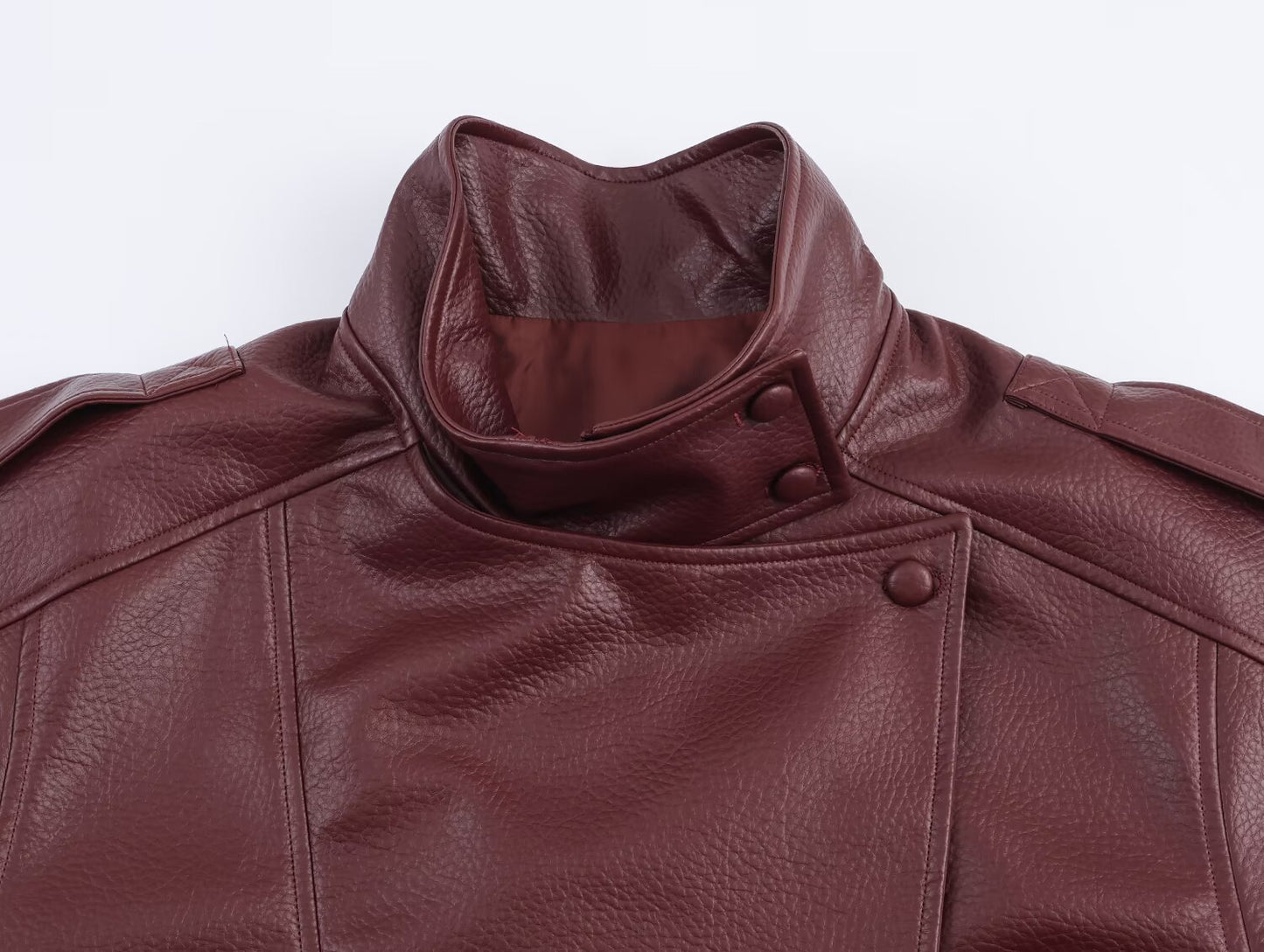 Women Elegant Long Sleeve Stand Collar Leather Jacket Coat