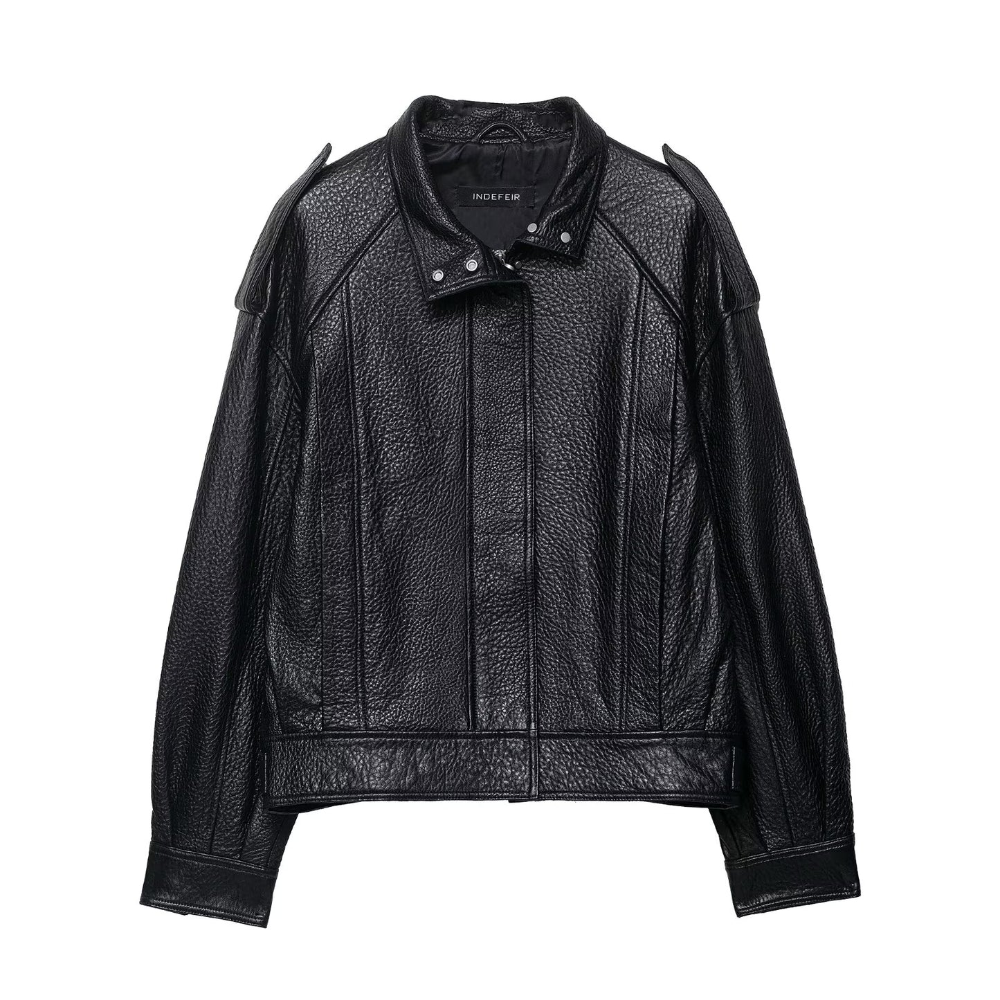 Women Clothing Elegant Drop Shoulder Texture Leather Zipper Bomber Jacket Jacket