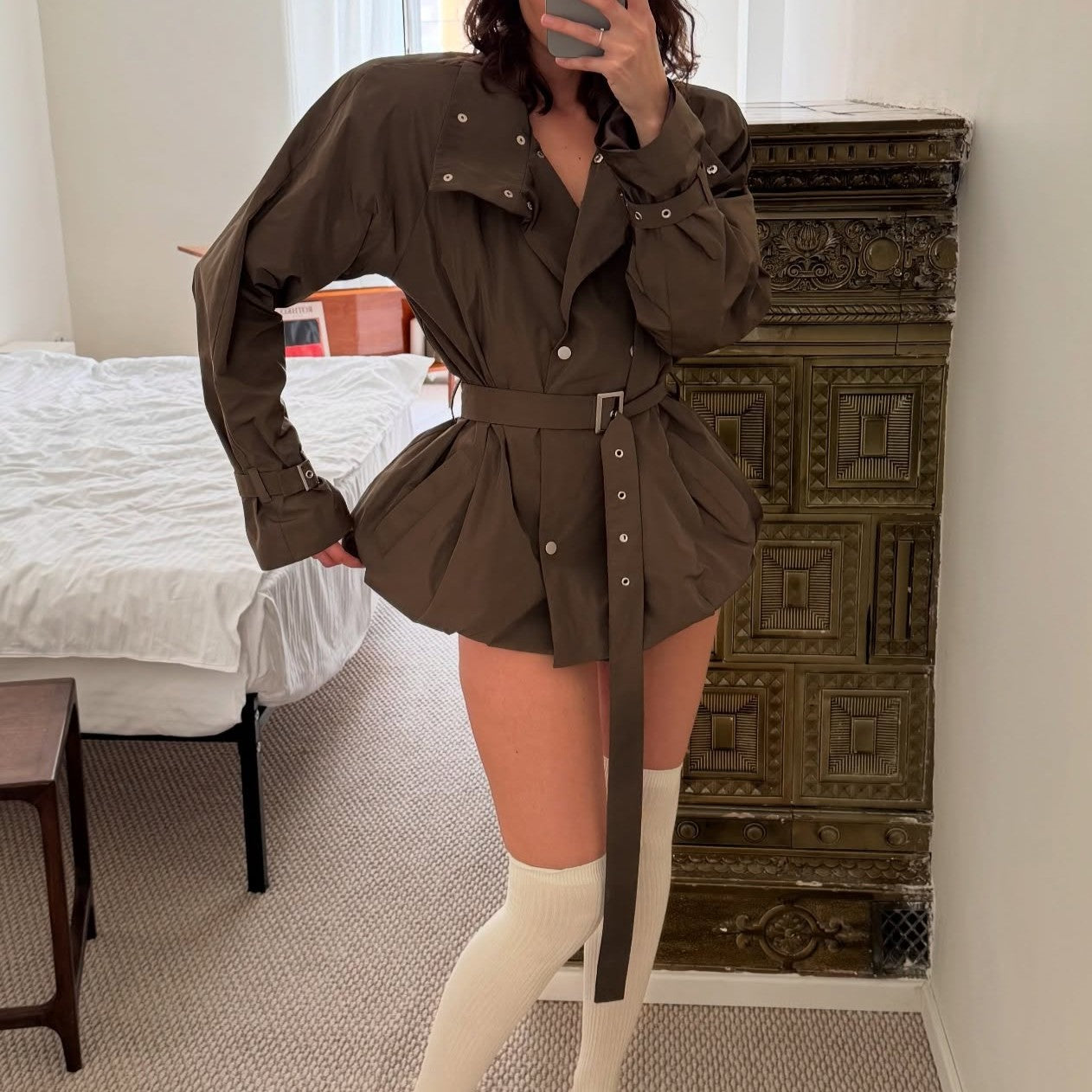 Wome Clothing Spring Simple Solid Color Long Sleeve Stand Collar Waistband Trench Coat