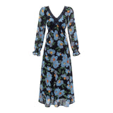 Blue Floral V neck Long Sleeve Dress