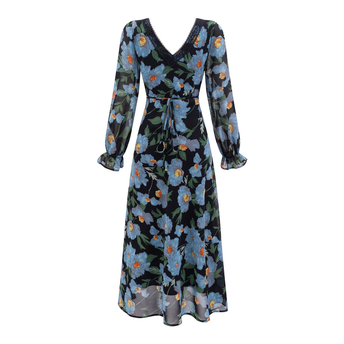 Blue Floral V neck Long Sleeve Dress